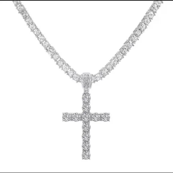 Cross Pendant Necklace with 4mm Tennis Chain Iced  Necklace Jewelry Silver chain - Picture 5 of 8